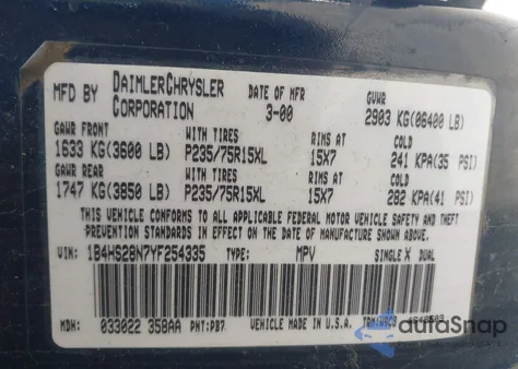 2000 Dodge Durango from USA, damaged, VIN 1B4HS28N7YF254335